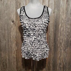 B Wear Women's L Tank Top Blouse Black White Animal Print Ruffle